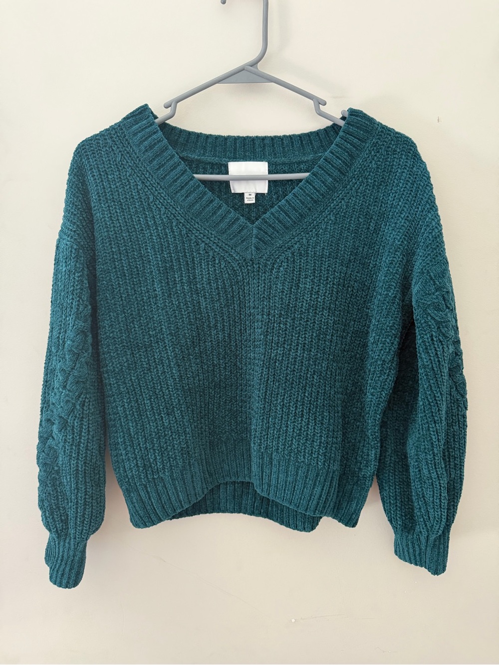 Pink Rose Teal V-Neck Chunky Knit Sweater